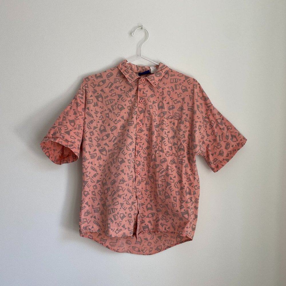 Vintage Boy's XL (Women's S) Short Sleeve Button Up, Old School Cool Print